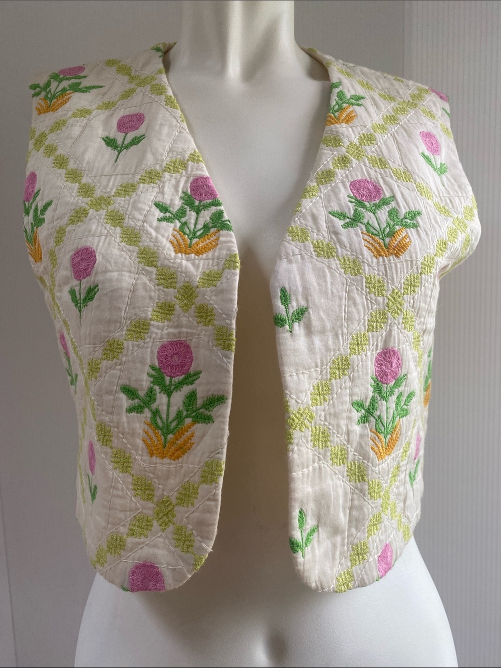 Zara Cream Embroidered Floral Quilted Vest with Pink and Green Accents